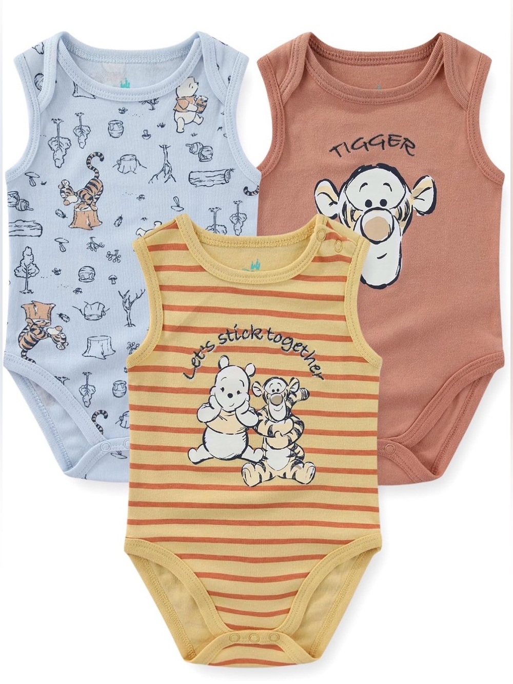 Disney Baby 3 Piece Bodysuit Set Orange, Clay & Blue Baby 6-9M NWT